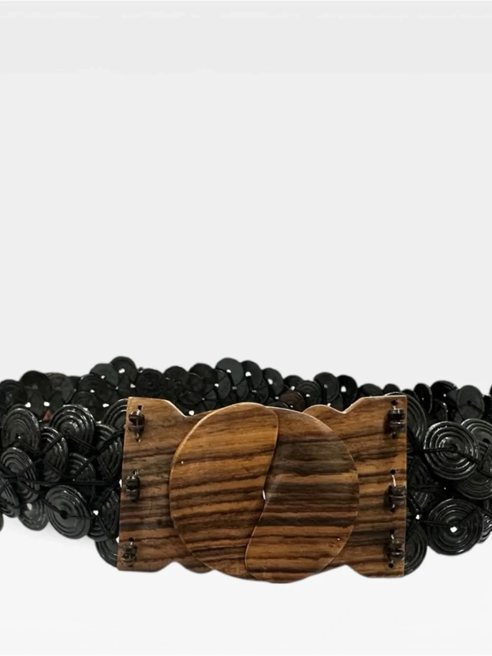 Vintage 70s Boho Woven Disc Belt Black Wooden Buckle Stretch Waist Belt Festival
